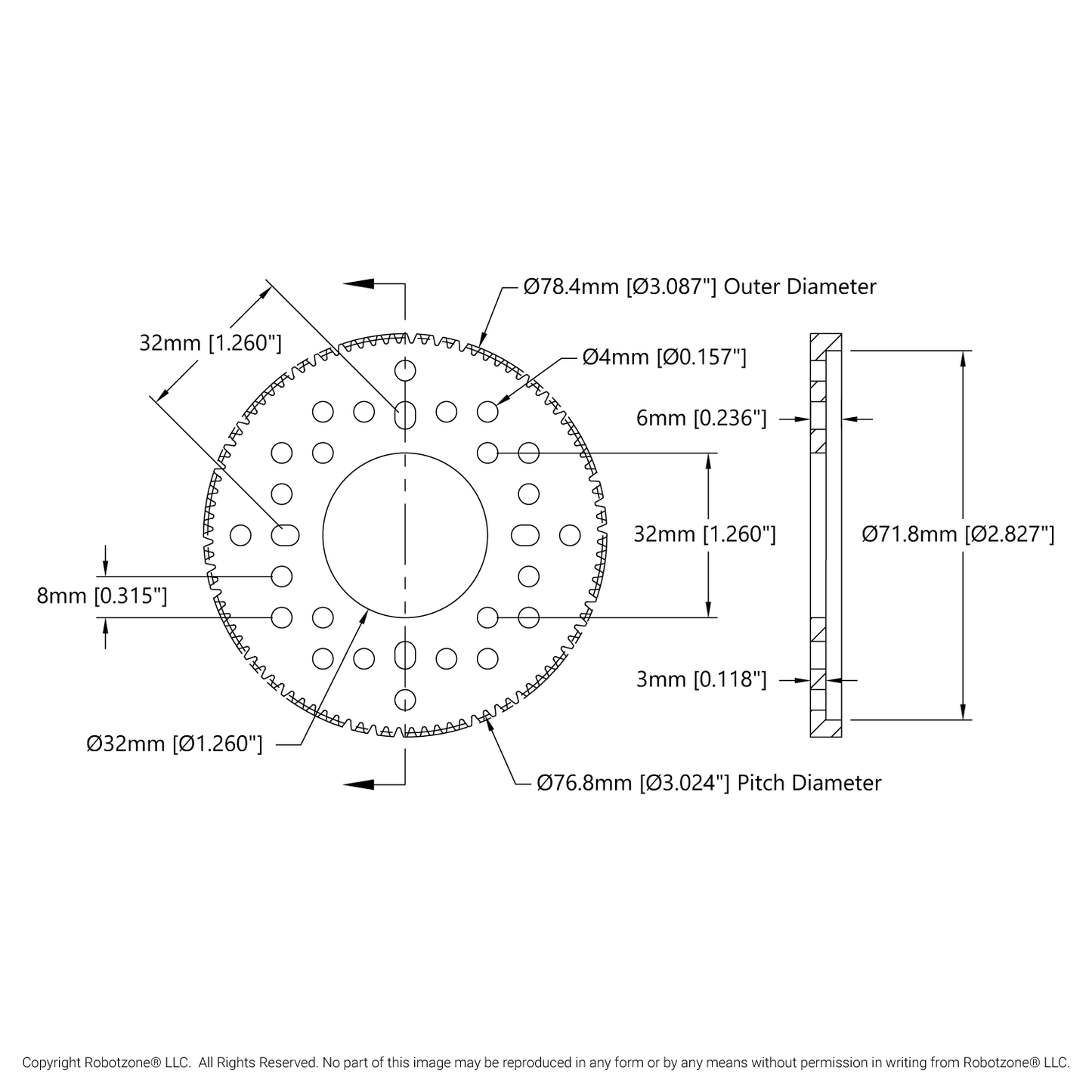 2302 Series Aluminum, MOD 0.8, Hub Mount Gear (32mm Bore, 96 Tooth)
