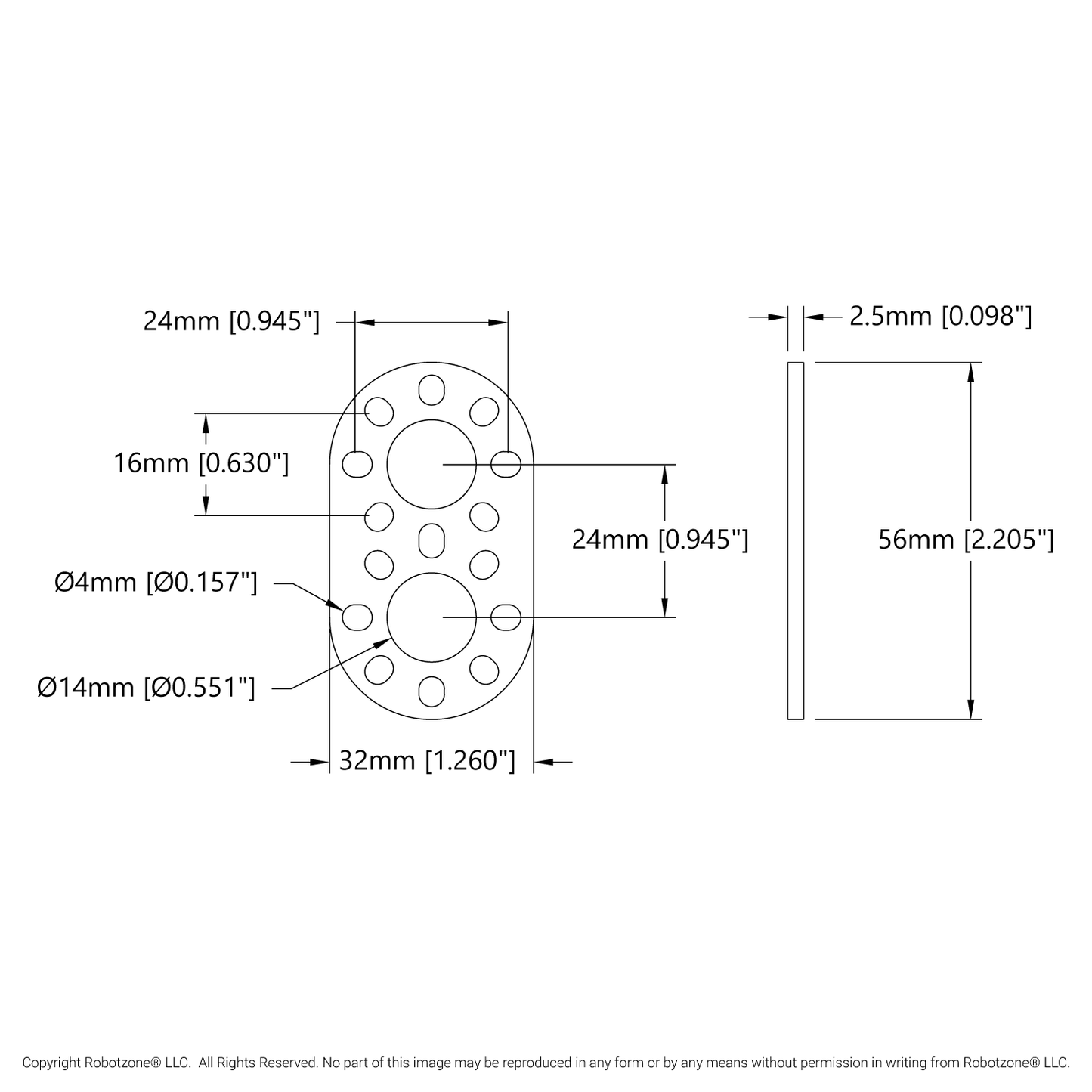 1105 Series Round-End Pattern Plate (2 Hole, 56mm Length)