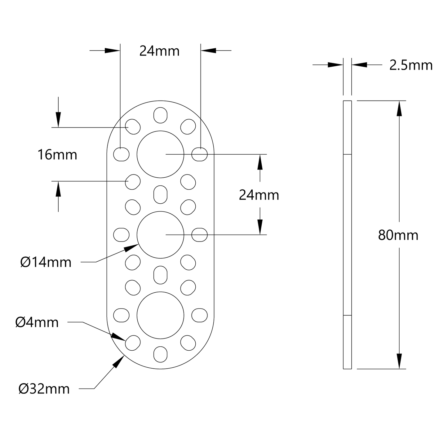 1105 Series Round-End Pattern Plate (3 Hole, 80mm Length)