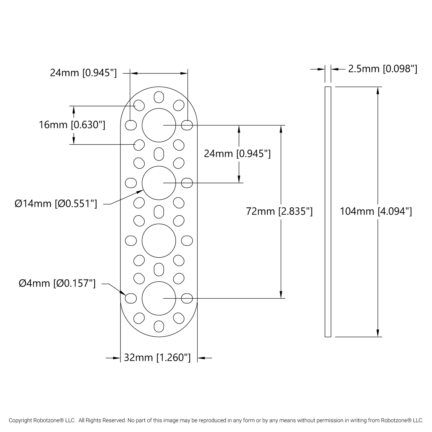 1105 Series Round-End Pattern Plate (4 Hole, 104mm Length)