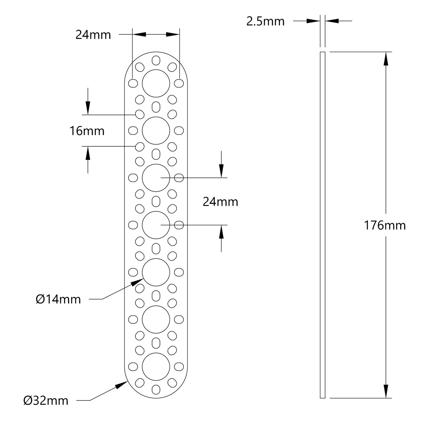 1105 Series Round-End Pattern Plate (7 Hole, 176mm Length)