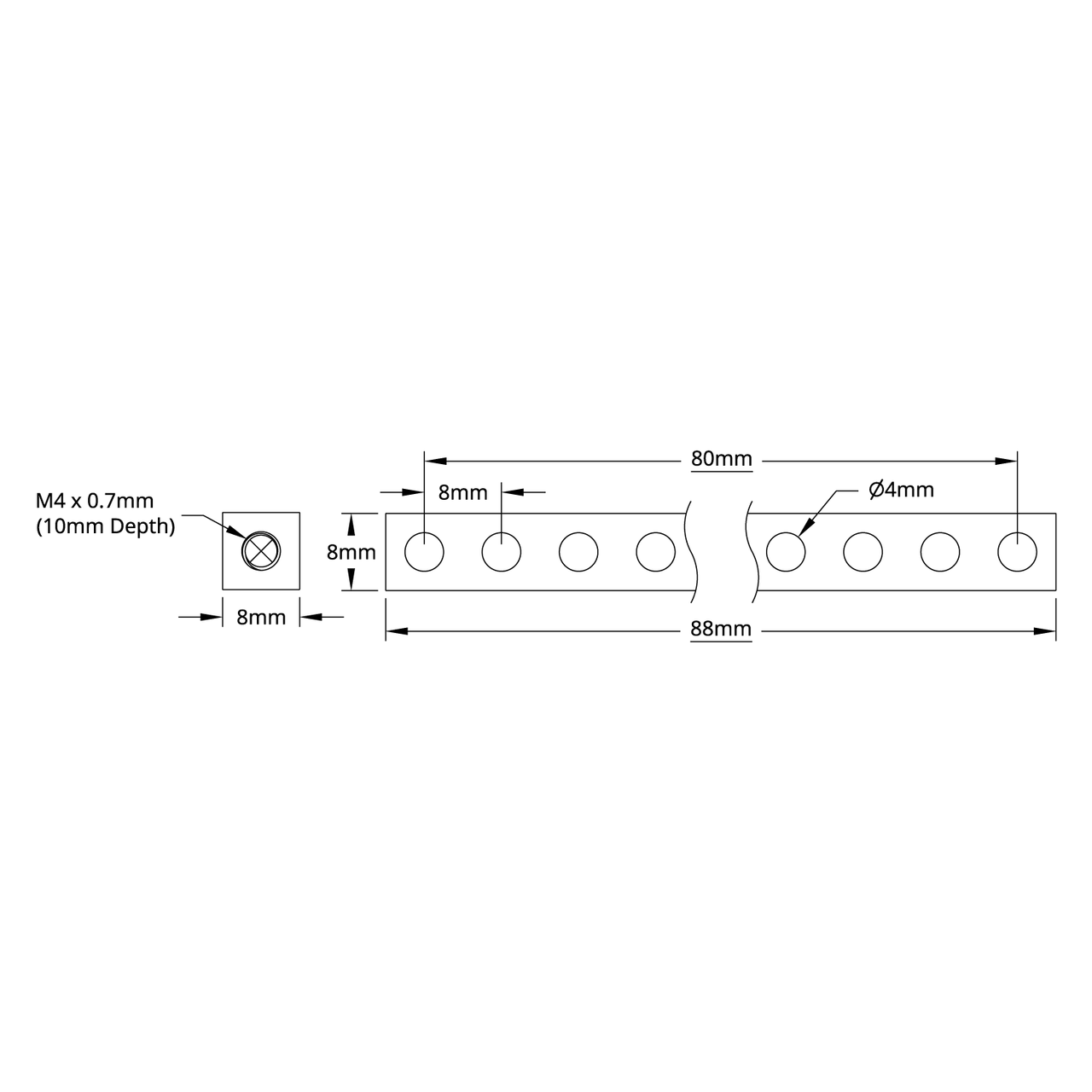 1106 Series Square Beam (11 Hole, 88mm Length)