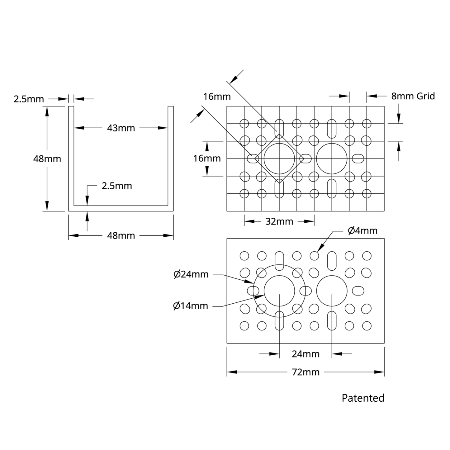 1120 Series U-Channel (2 Hole, 72mm Length)