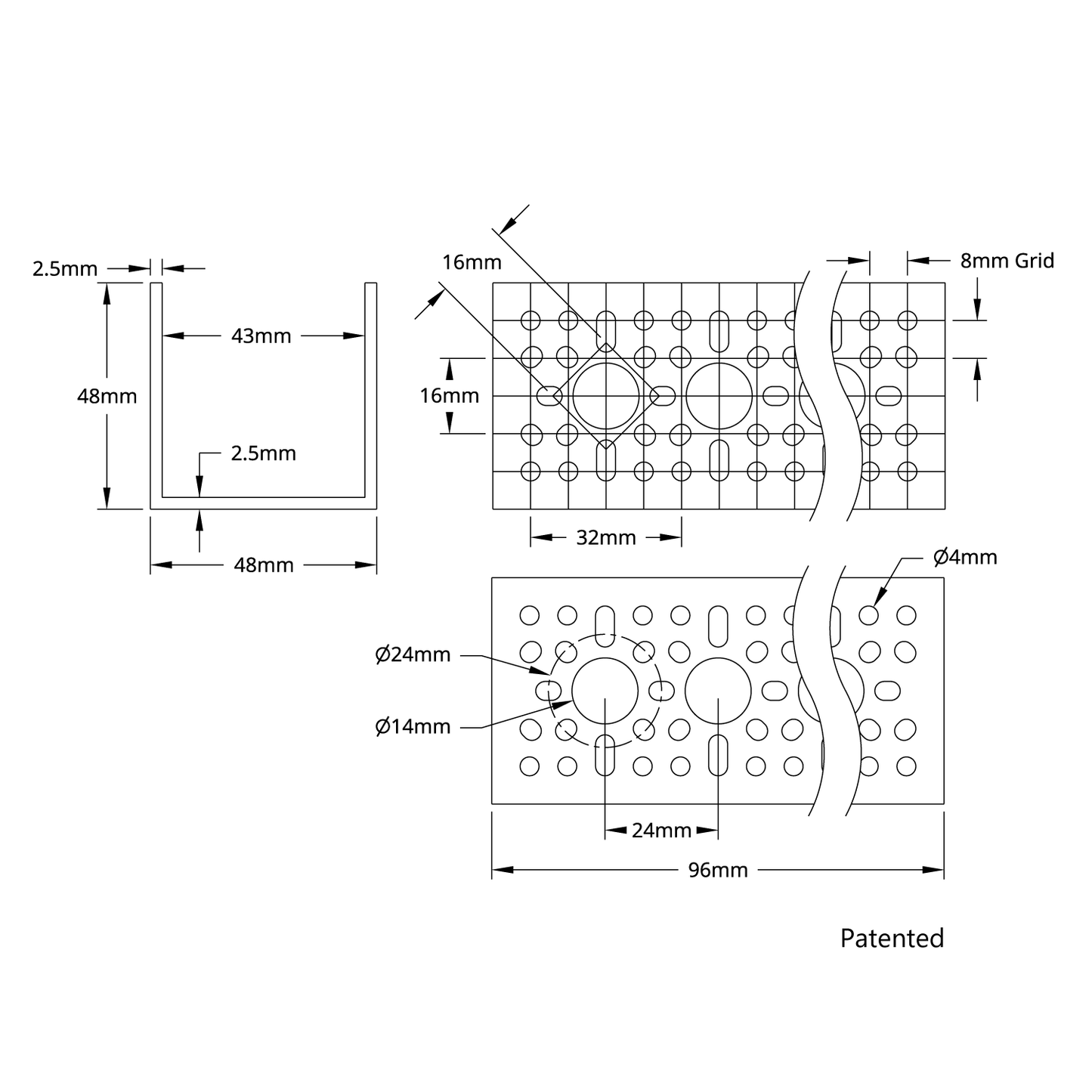 1120 Series U-Channel (3 Hole, 96mm Length)