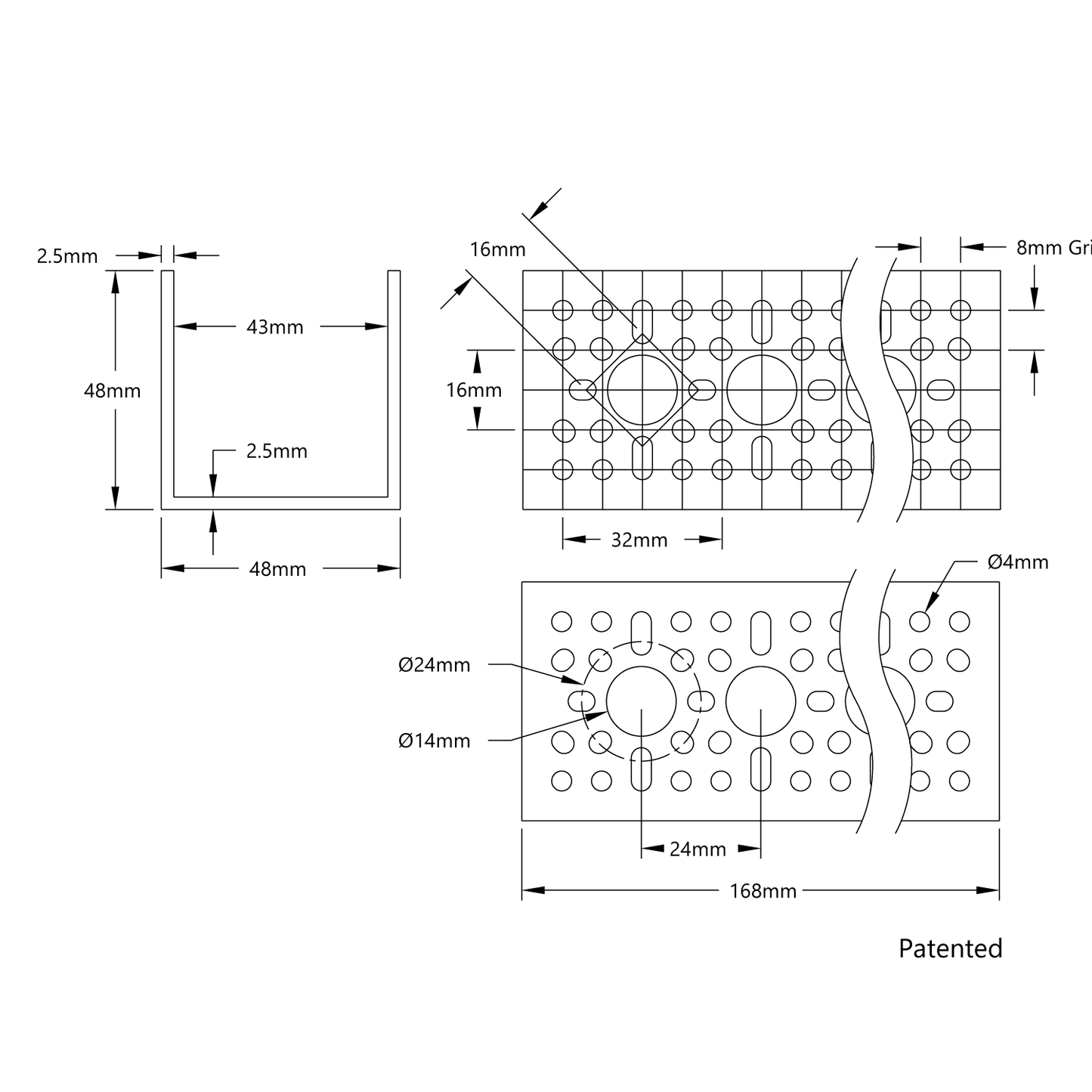 1120 Series U-Channel (6 Hole, 168mm Length)