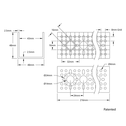 1120 Series U-Channel (8 Hole, 216mm Length)