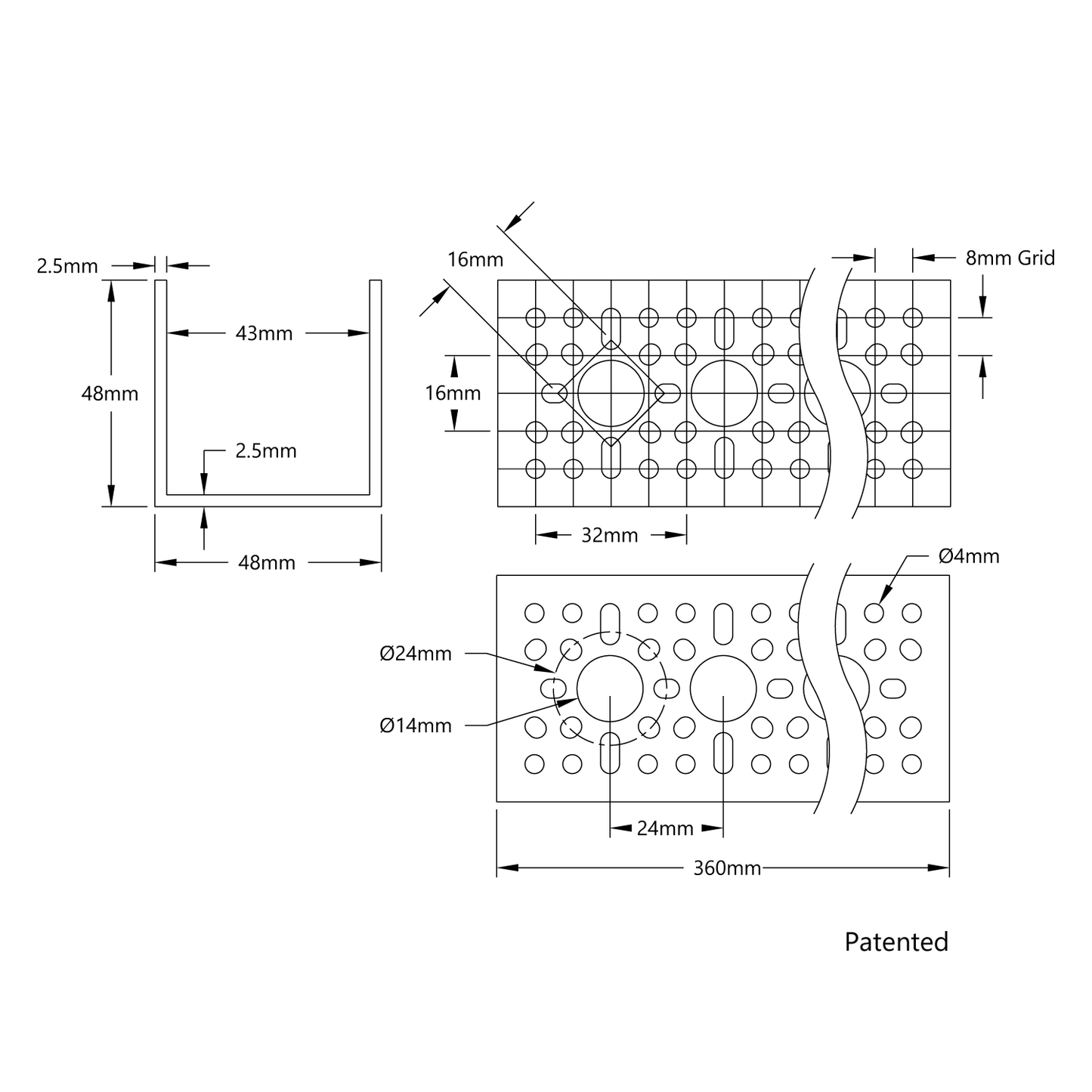 1120 Series U-Channel (14 Hole, 360mm Length)