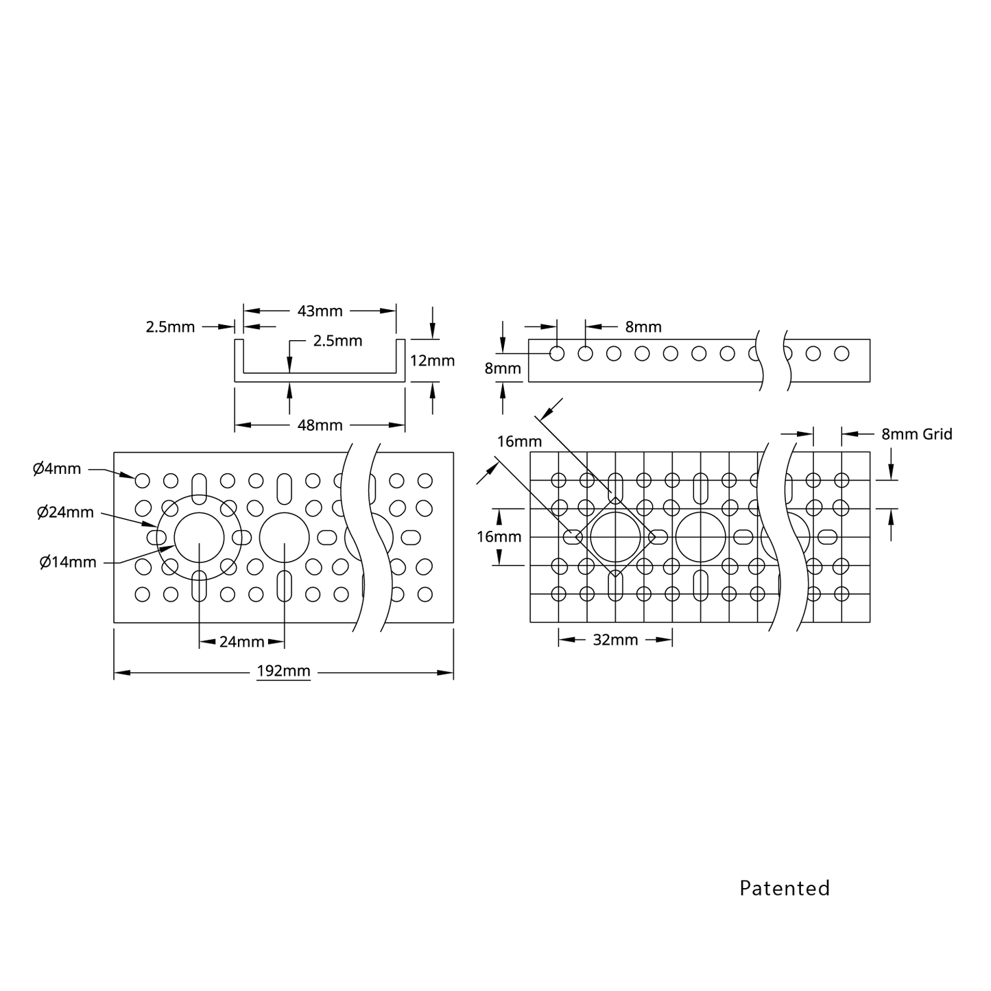 1121 Series Low-Side U-Channel (7 Hole, 192mm Length)