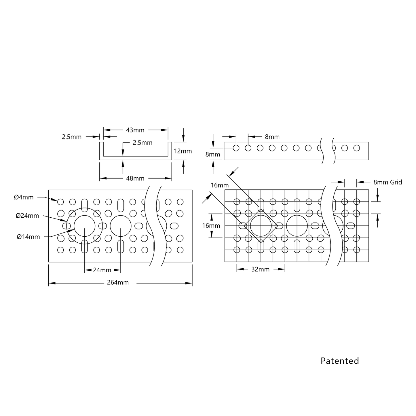 1121 Series Low-Side U-Channel (10 Hole, 264mm Length)