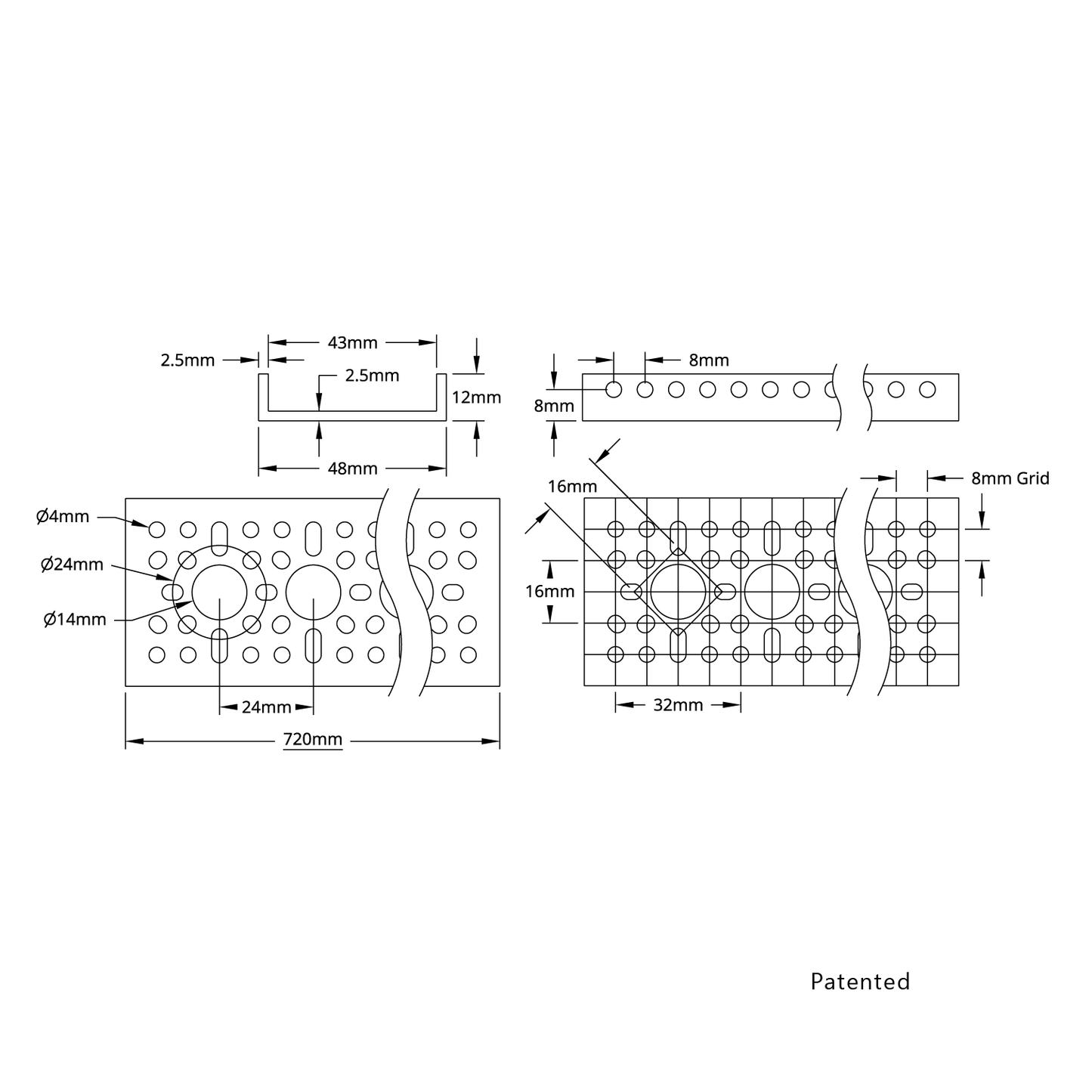 1121 Series Low-Side U-Channel (29 Hole, 720mm Length)