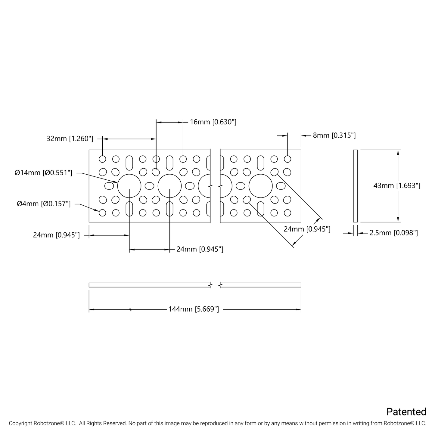 1123 Series Pattern Plate (1 x 5 Hole, 43 x 144mm)