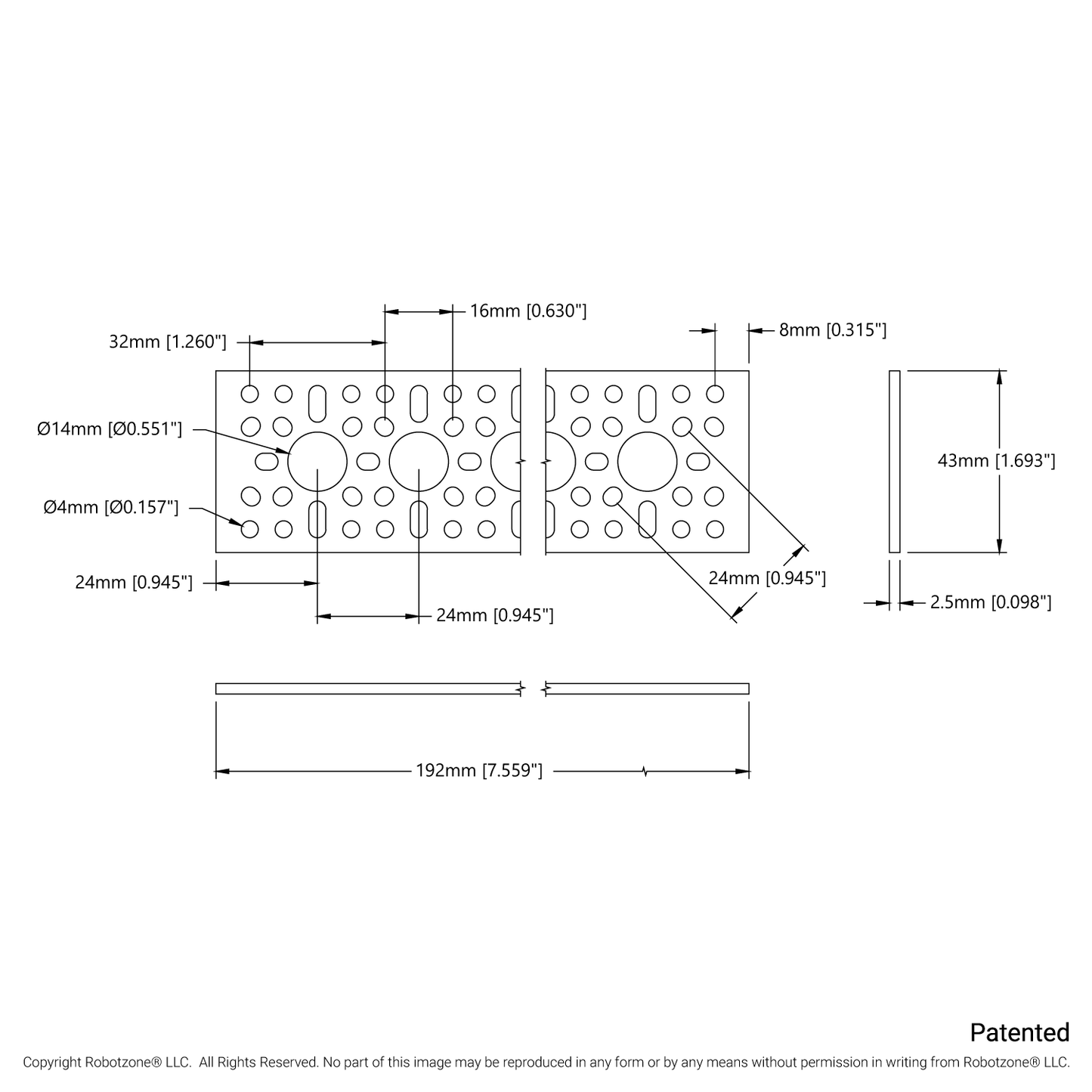 1123 Series Pattern Plate (1 x 7 Hole, 43 x 192mm)