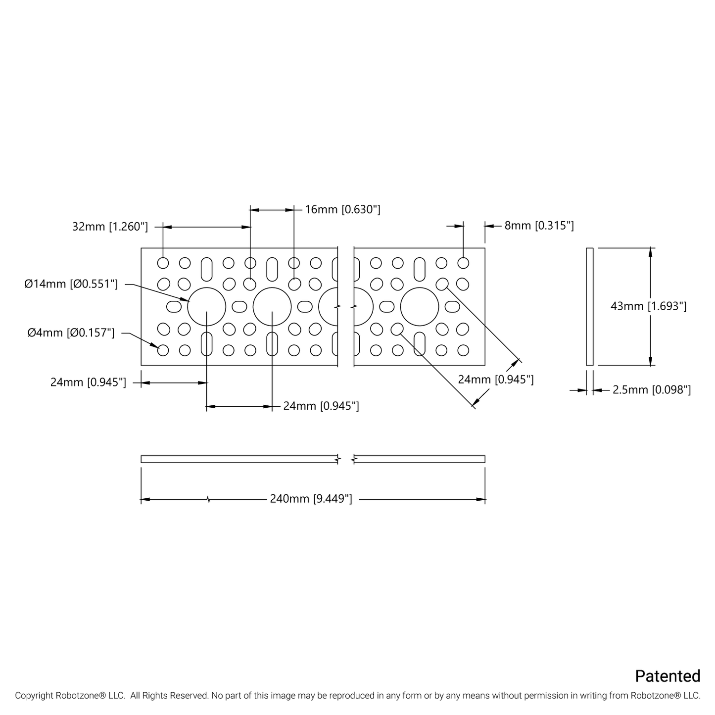 1123 Series Pattern Plate (1 x 9 Hole, 43 x 240mm)