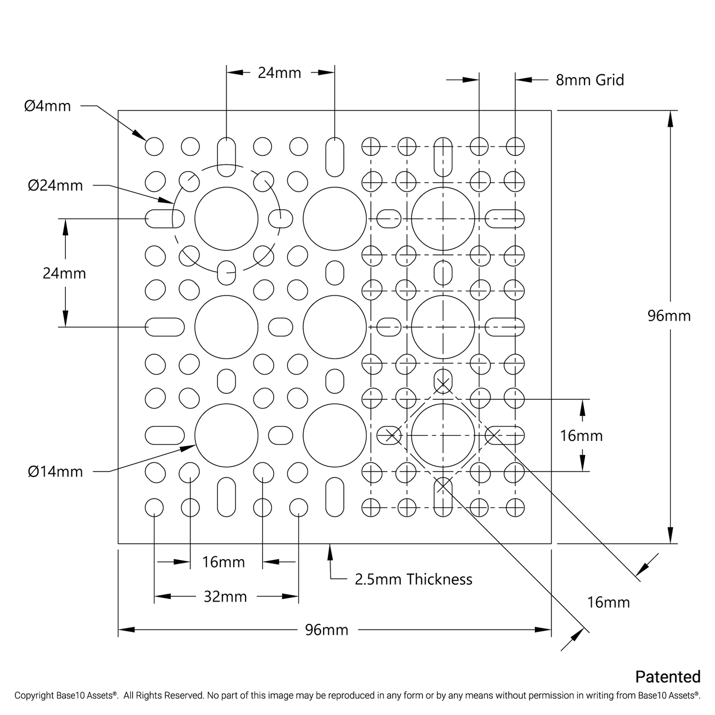 1123 Series Pattern Plate (3 x 3 Hole, 96 x 96mm)