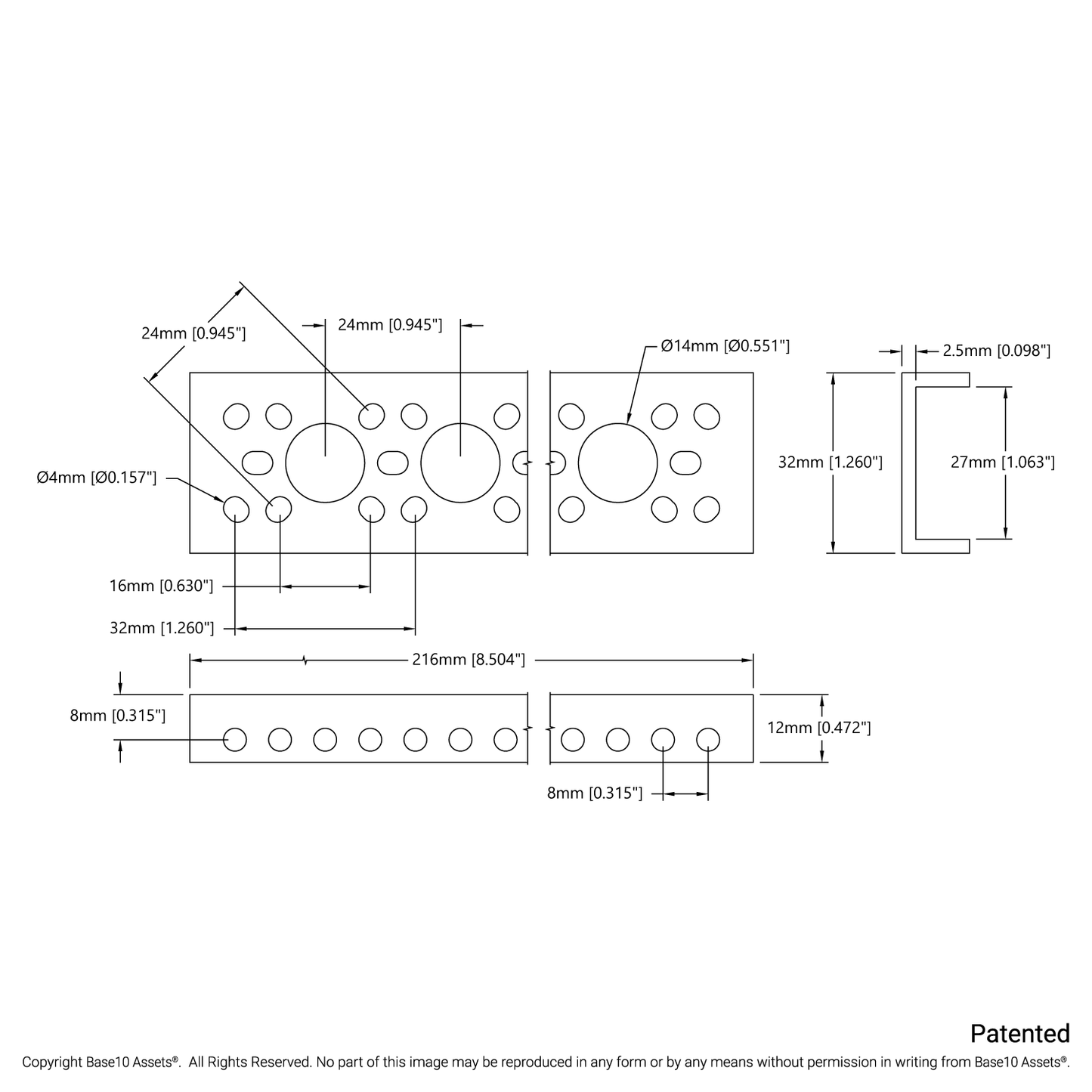 1143 Series Mini Low-Side U-Channel (8 Hole, 216mm Length)