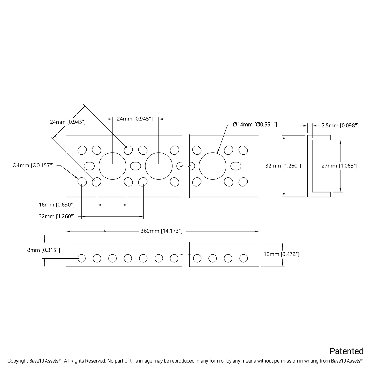 1143 Series Mini Low-Side U-Channel (14 Hole, 360mm Length)