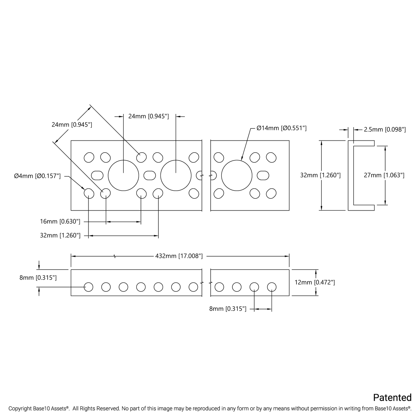 1143 Series Mini Low-Side U-Channel (17 Hole, 432mm Length)