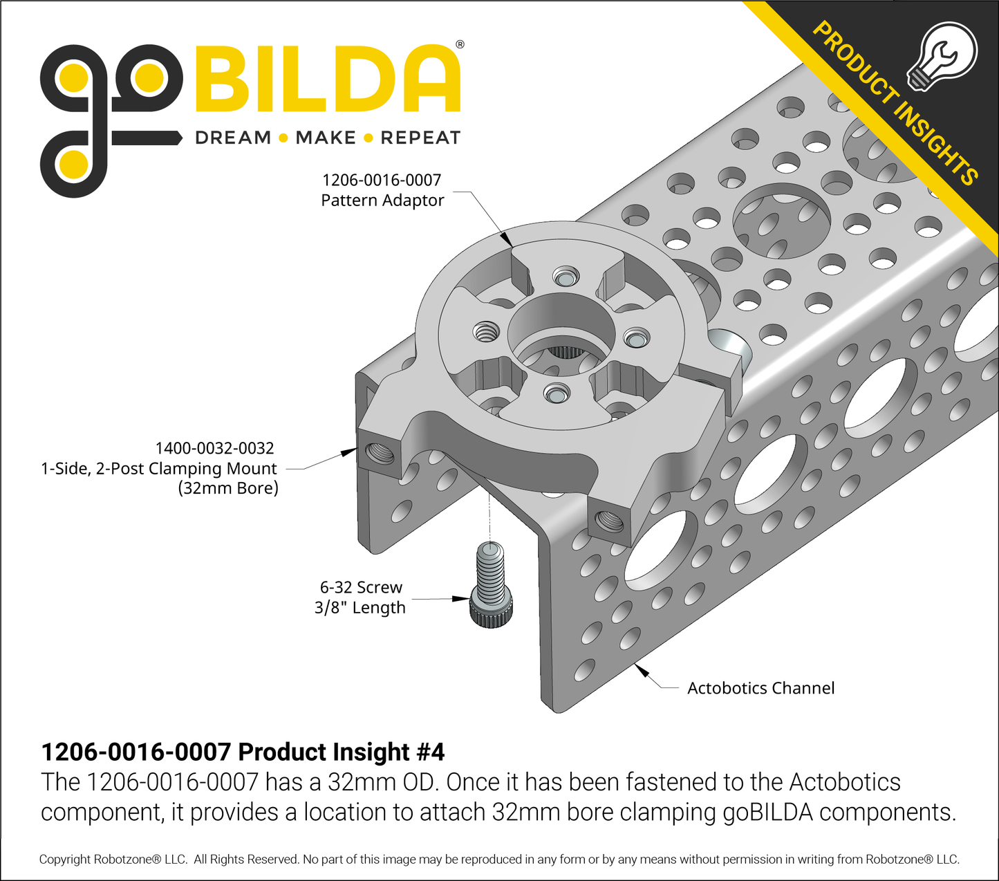 Threaded Actobotics to Thru-Hole goBILDA Pattern Adaptor (16-7)