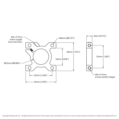 1401 Series 2-Side, 2-Post Clamping Mount (43mm Width, 22mm Bore)