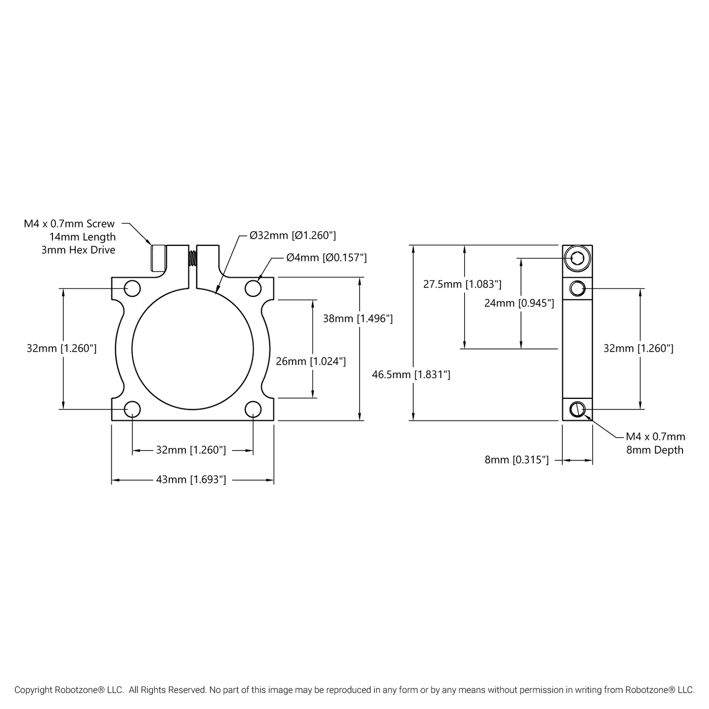 1401 Series 2-Side, 2-Post Clamping Mount (43mm Width, 32mm Bore)