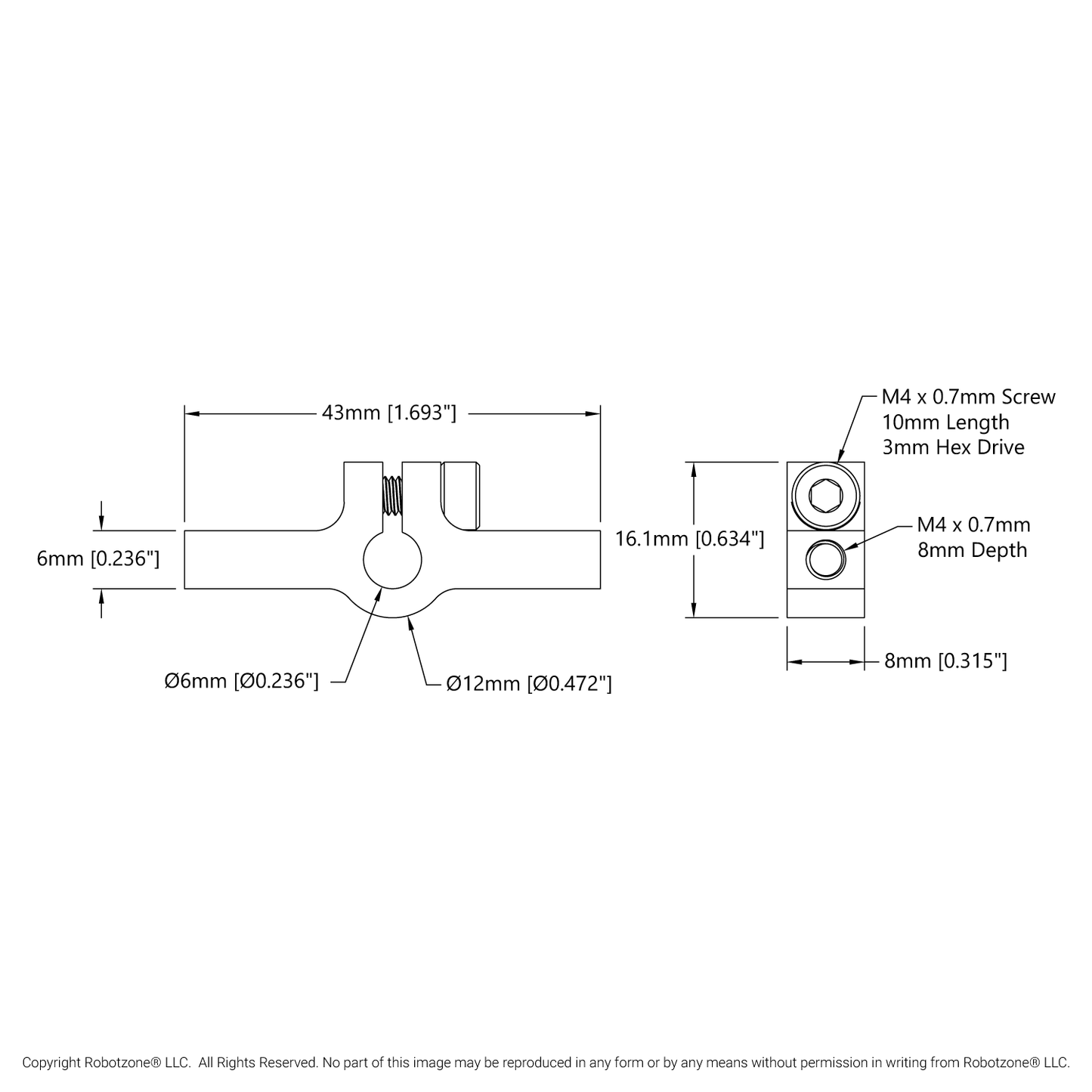 1402 Series 2-Side, 1-Post Clamping Mount (43mm Width, 6mm Bore)