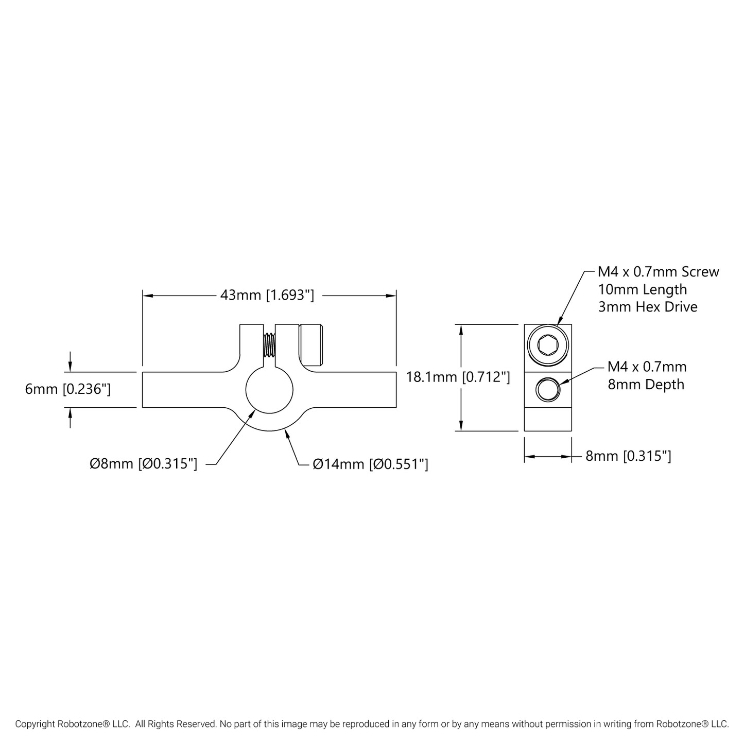 1402 Series 2-Side, 1-Post Clamping Mount (43mm Width, 8mm Bore)