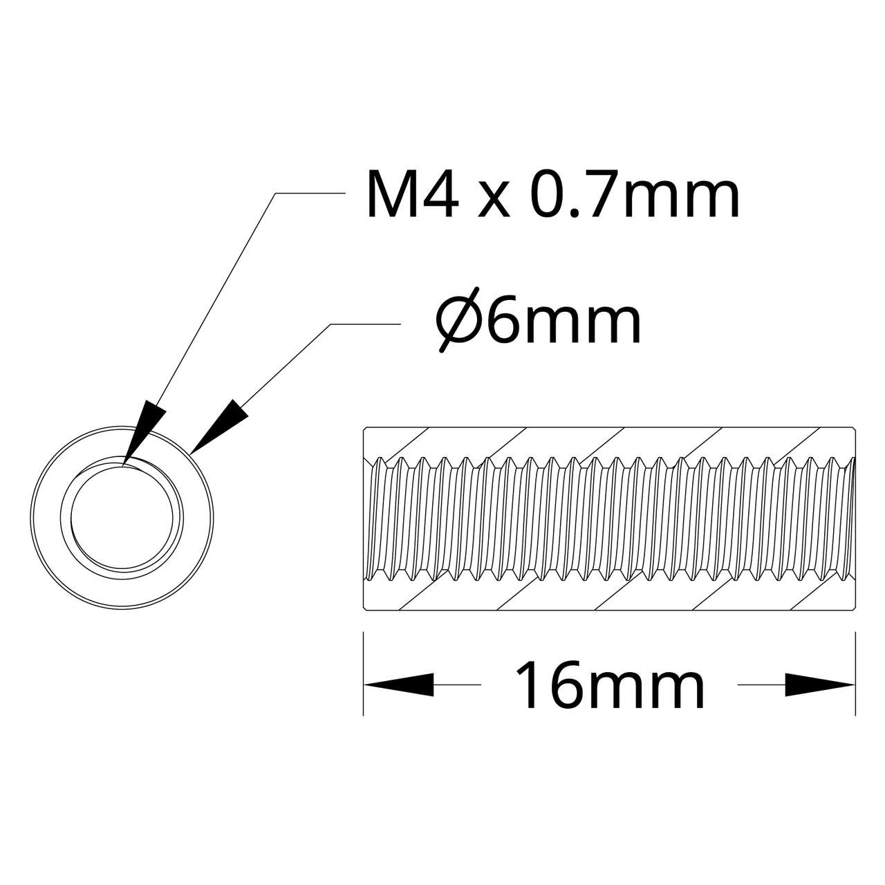 1501 Series M4 x 0.7mm Standoff (6mm OD, 16mm Length) - 4 Pack