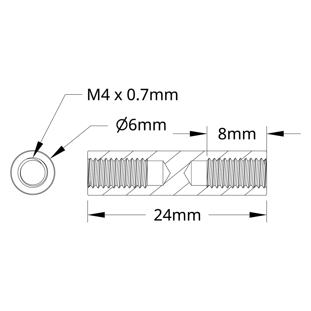 1501 Series M4 x 0.7mm Standoff (6mm OD, 24mm Length) - 4 Pack