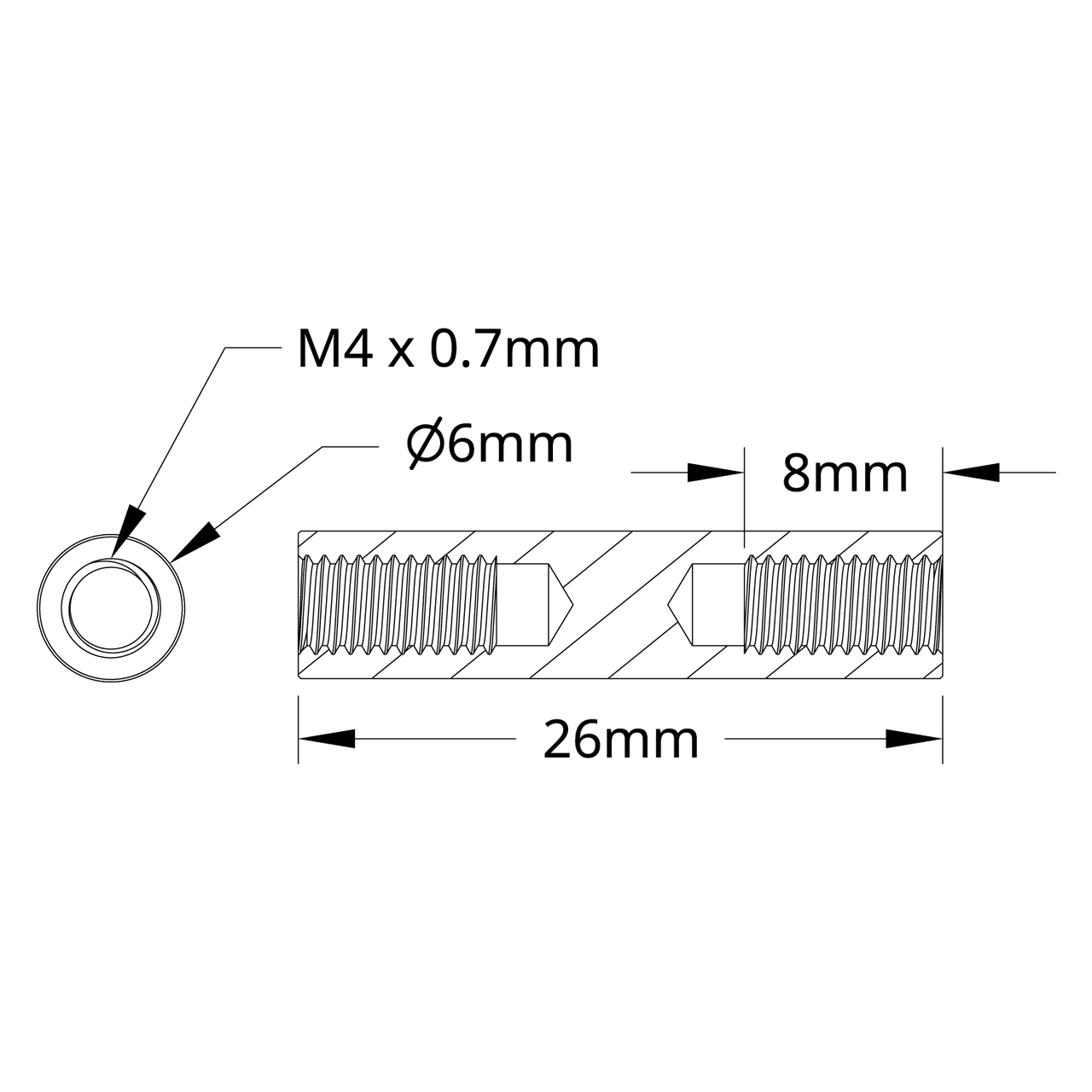 1501 Series M4 x 0.7mm Standoff (6mm OD, 26mm Length) - 4 Pack