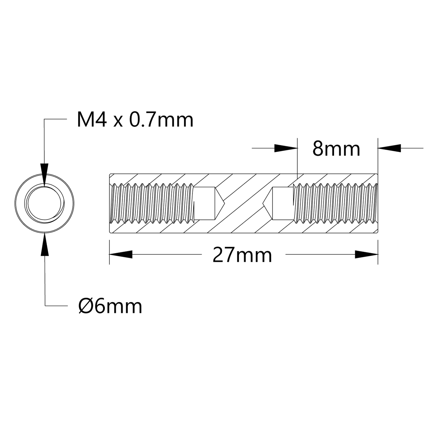 1501 Series M4 x 0.7mm Standoff (6mm OD, 27mm Length) - 4 Pack