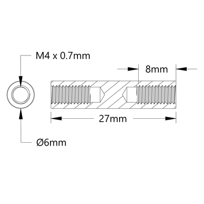 1501 Series M4 x 0.7mm Standoff (6mm OD, 27mm Length) - 4 Pack