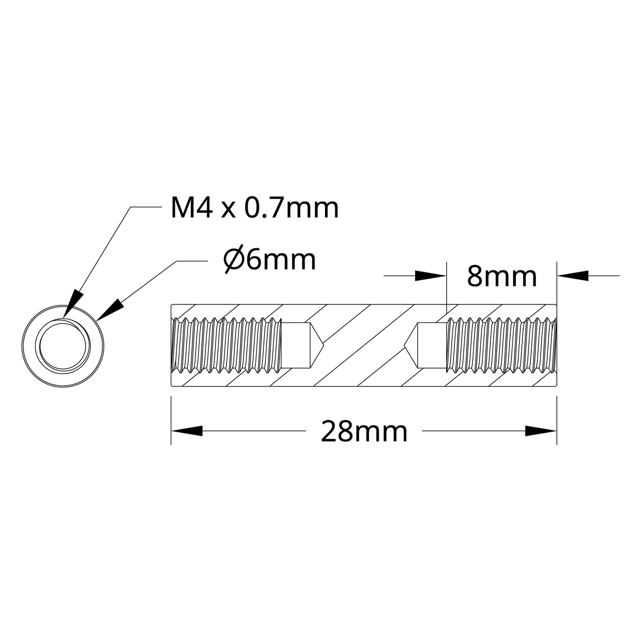 1501 Series M4 x 0.7mm Standoff (6mm OD, 28mm Length) - 4 Pack