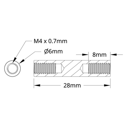 1501 Series M4 x 0.7mm Standoff (6mm OD, 28mm Length) - 4 Pack