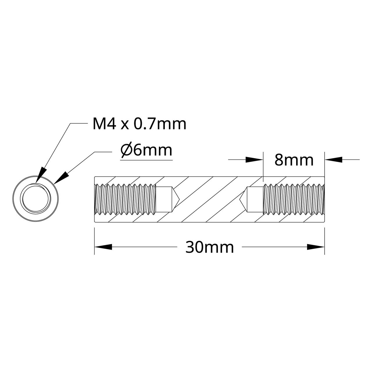 1501 Series M4 x 0.7mm Standoff (6mm OD, 30mm Length) - 4 Pack