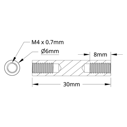 1501 Series M4 x 0.7mm Standoff (6mm OD, 30mm Length) - 4 Pack