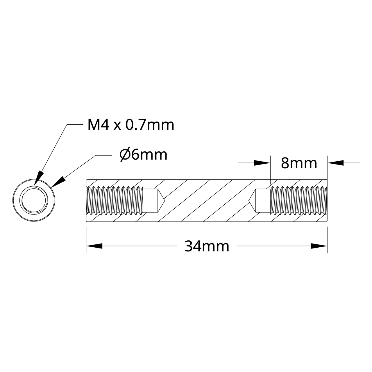 1501 Series M4 x 0.7mm Standoff (6mm OD, 34mm Length) - 4 Pack