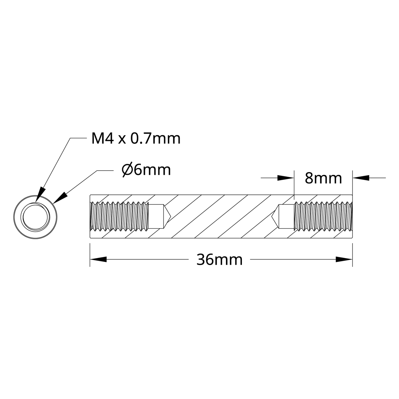 1501 Series M4 x 0.7mm Standoff (6mm OD, 36mm Length) - 4 Pack