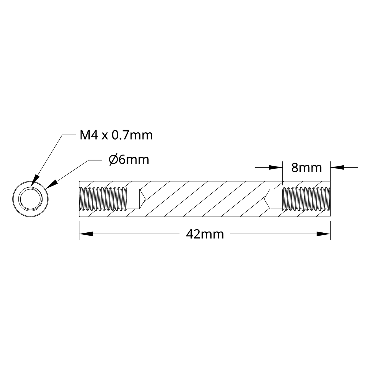 1501 Series M4 x 0.7mm Standoff (6mm OD, 42mm Length) - 4 Pack