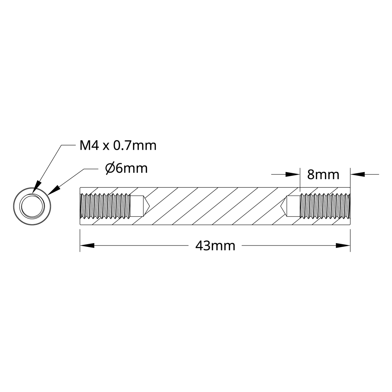 1501 Series M4 x 0.7mm Standoff (6mm OD, 43mm Length) - 4 Pack