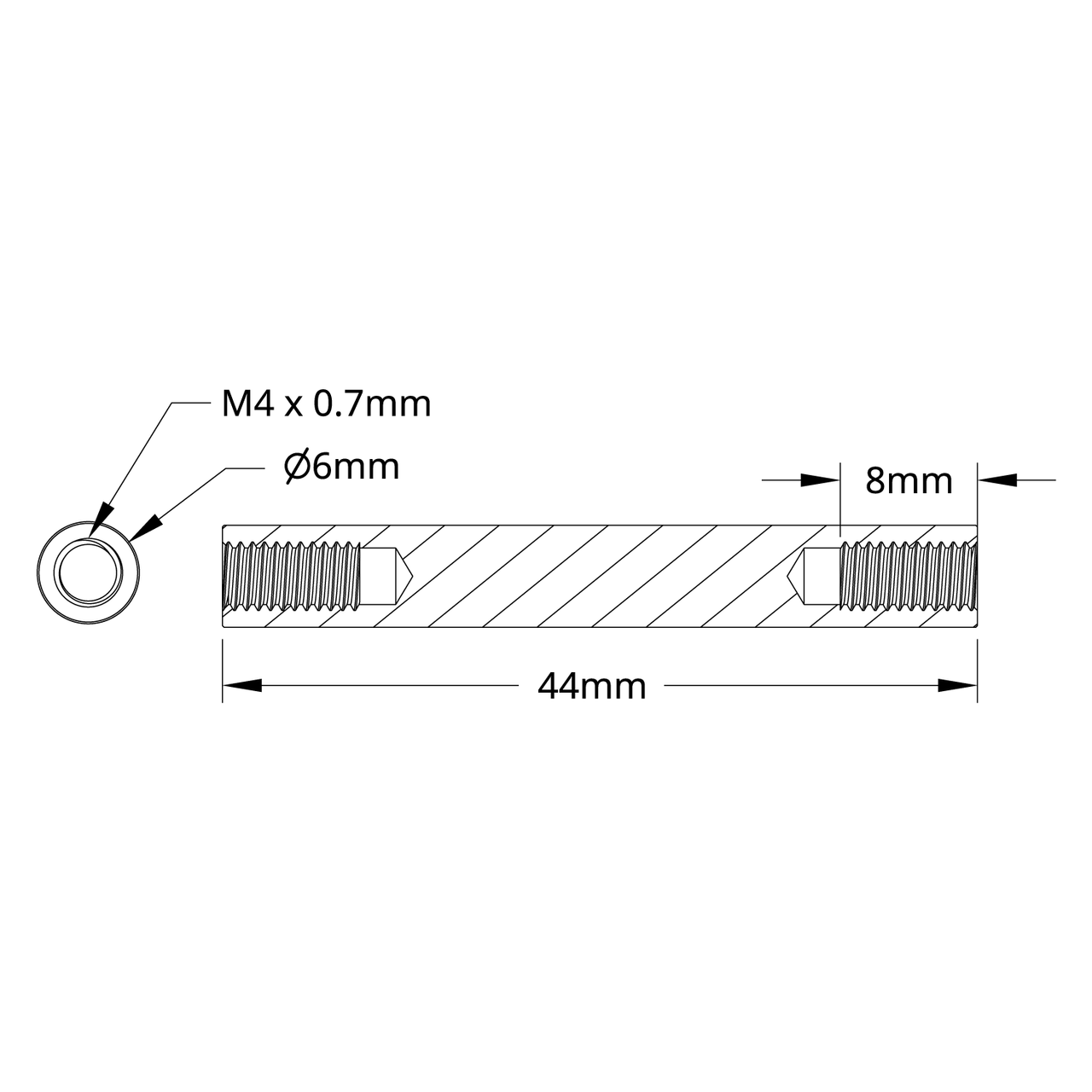 1501 Series M4 x 0.7mm Standoff (6mm OD, 44mm Length) - 4 Pack