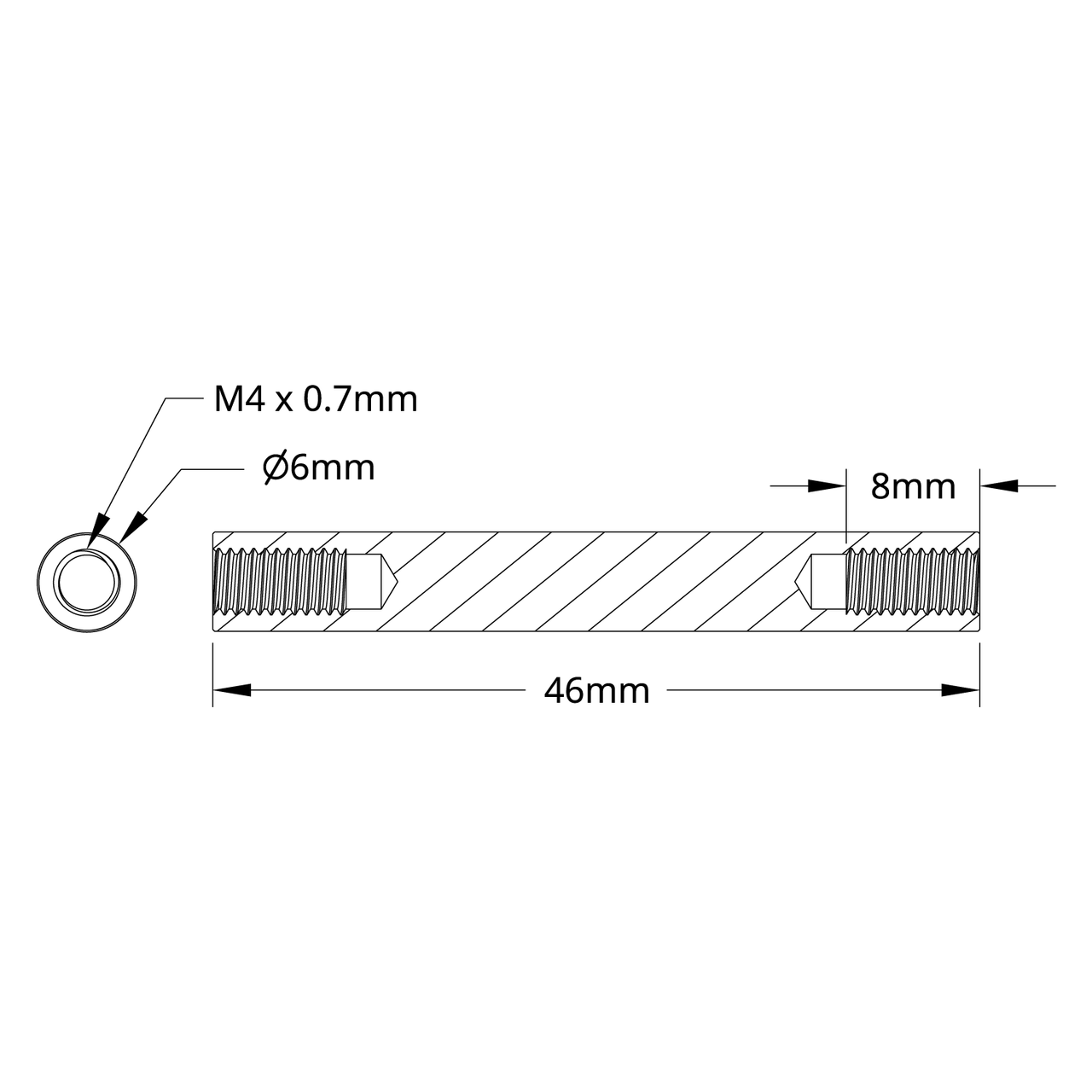 1501 Series M4 x 0.7mm Standoff (6mm OD, 46mm Length) - 4 Pack