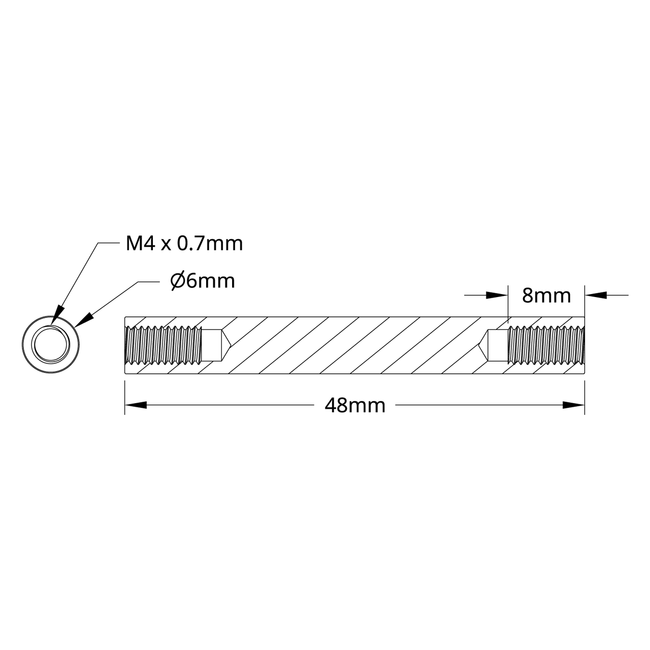 1501 Series M4 x 0.7mm Standoff (6mm OD, 48mm Length) - 4 Pack