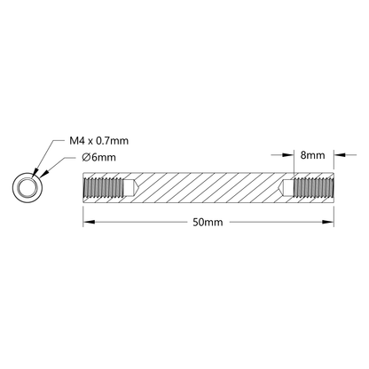 1501 Series M4 x 0.7mm Standoff (6mm OD, 50mm Length) - 4 Pack