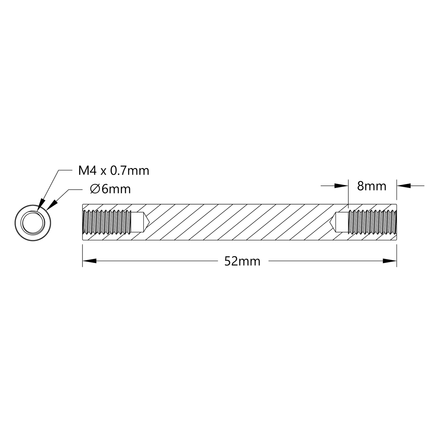 1501 Series M4 x 0.7mm Standoff (6mm OD, 52mm Length) - 4 Pack