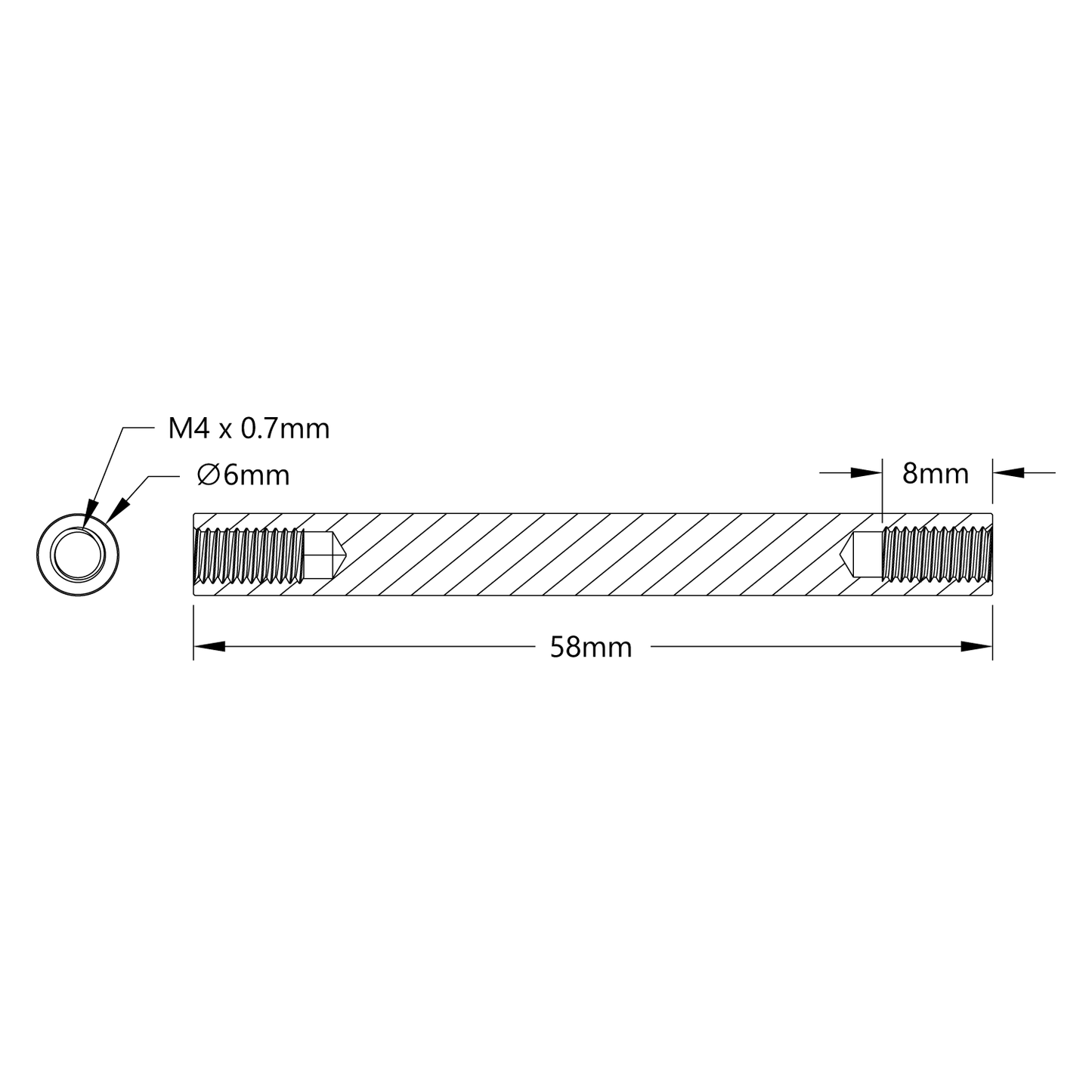 1501 Series M4 x 0.7mm Standoff (6mm OD, 58mm Length) - 4 Pack