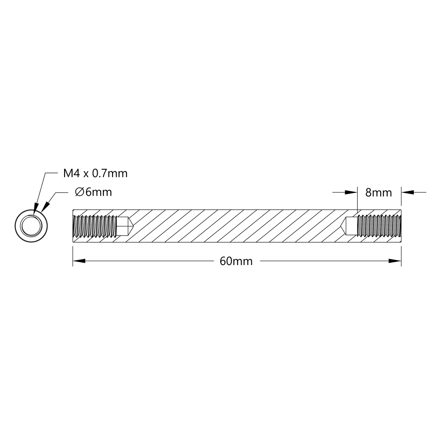 1501 Series M4 x 0.7mm Standoff (6mm OD, 60mm Length) - 4 Pack