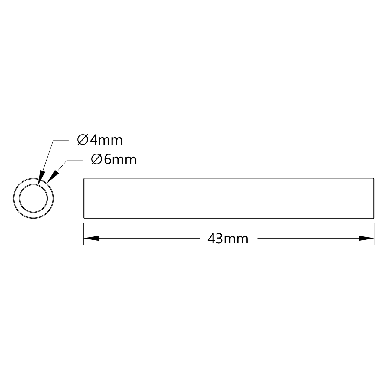 1502 Series 4mm ID Spacer (6mm OD, 43mm Length) - 4 Pack