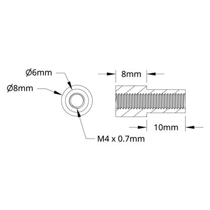 1503 Series M4 x 0.7mm Shoulder Standoff (6-8mm OD, 10-8mm Length) - 4 Pack