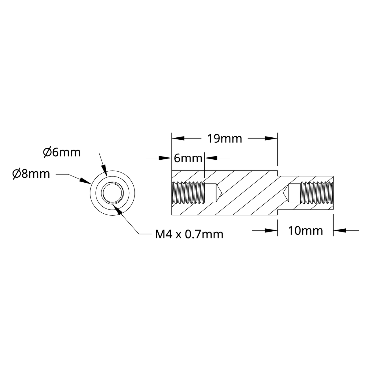 1503 Series M4 x 0.7mm Shoulder Standoff (6-8mm OD, 10-19mm Length) - 4 Pack