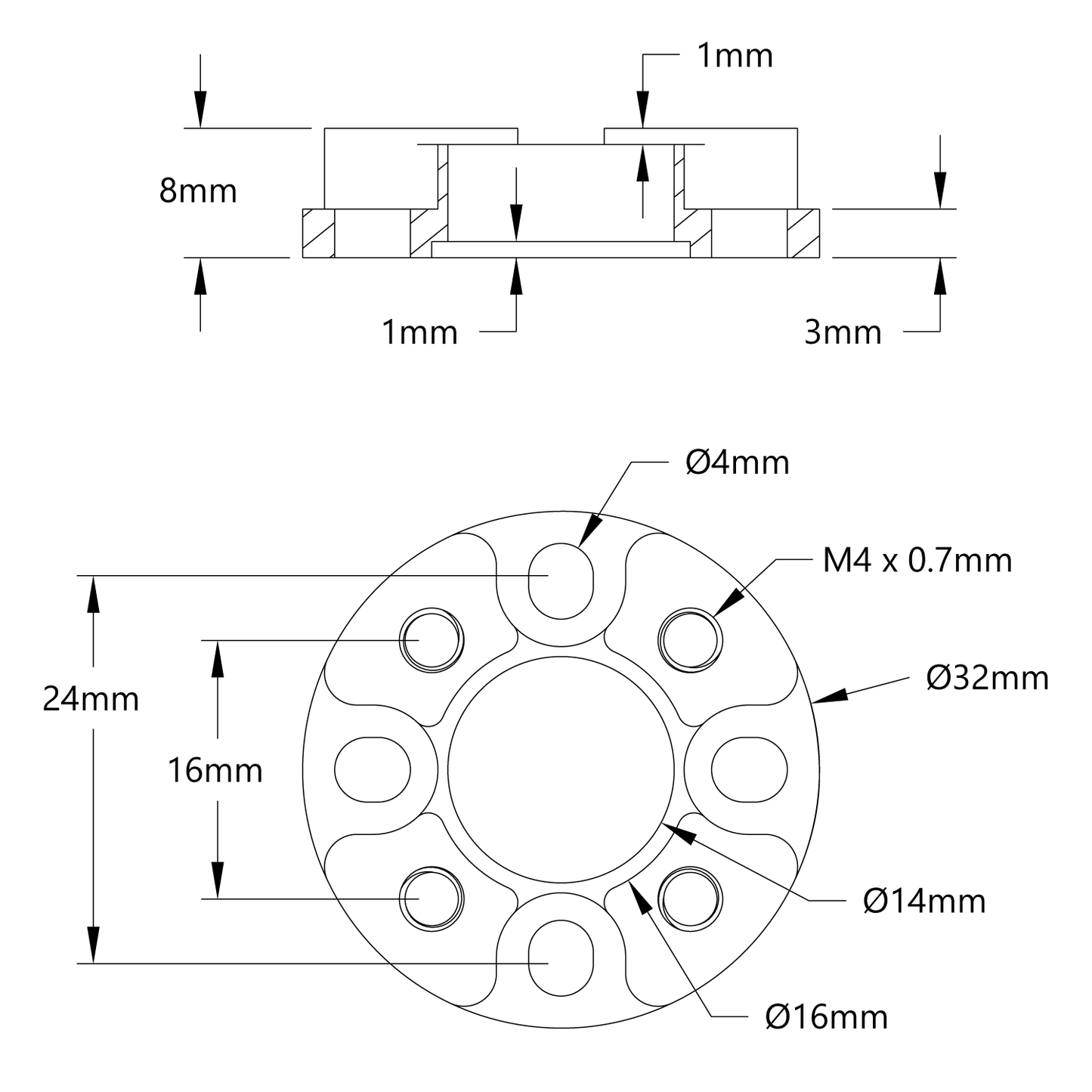 1505 Series 32mm OD Counterbored Pattern Spacer (8mm Length)